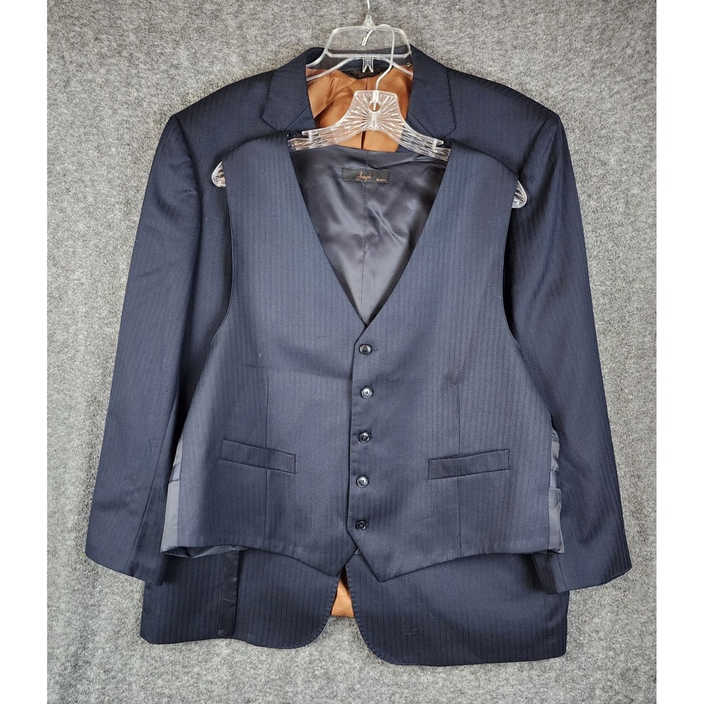 Jos A Bank Suit Jacket Vest Mens 46R Joseph Navy Blue Pinstripe 2 Piece EUC